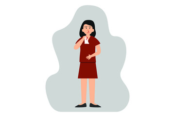 Sickness vector concept: Young woman suffering nose bleeding and using tissue while standing alone