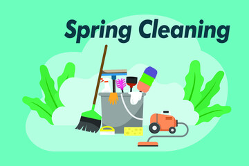 Spring cleaning vector concept: Spring cleaning equipment with spring cleaning text