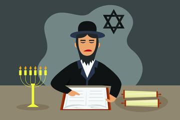 Jewish vector concept: Jewish man reading jewish book with candle