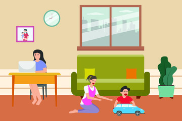 Housemaid vector concept: Little son playing toy car with his nanny at home while his mother working from home