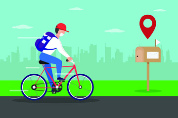 Fototapeta na wymiar Bicycle delivery vector concept. Male courier with bicycle delivering mail in the city