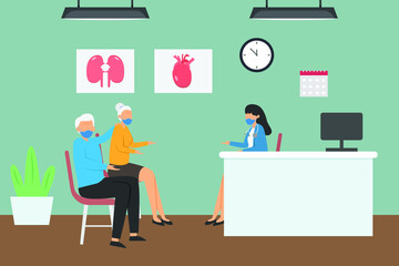 Health vector concept. Senior couple talking with doctor while wearing face mask in doctor office