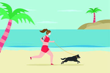 Obraz na płótnie Canvas Jogging vector concept. Woman doing exercise by running on the beach with her dog and running tracker