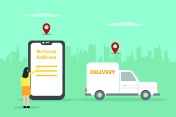 Delivery vector concept. Woman writing delivery address on mobile phone with delivery truck and location pin in the city background