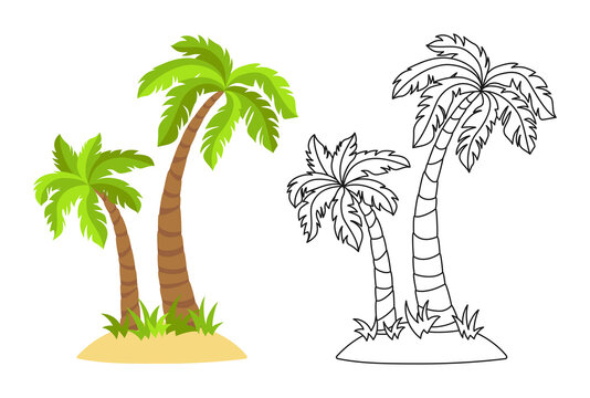Tropical island with palm trees flat cartoon and line set. Coconut palm trees nature design element. Hand drawn tree mature and young plants forest. Isolated vector illustration