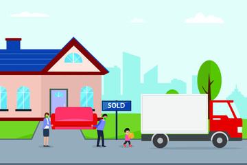 Moving home vector concept. Family loading sofa and boxes into removal truck