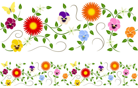 Vector illustration of a spring-themed border that may be connected seamlessly end to end to make an endless repeating string.
