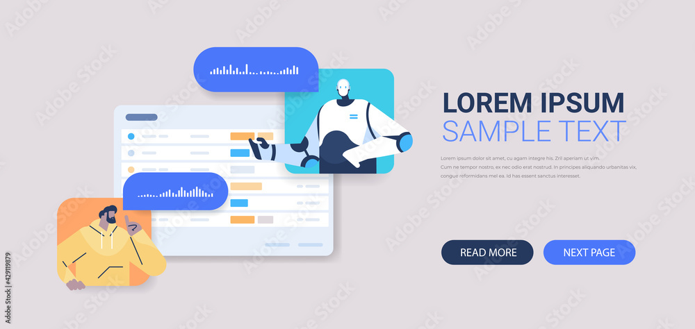Poster man chatting with chatbot robotic assistant by voice messages audio chat app   artificial intelligen