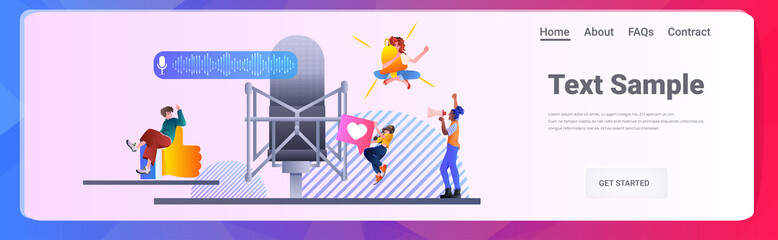 mix race people communicating by voice messages audio chat application social media online communication concept