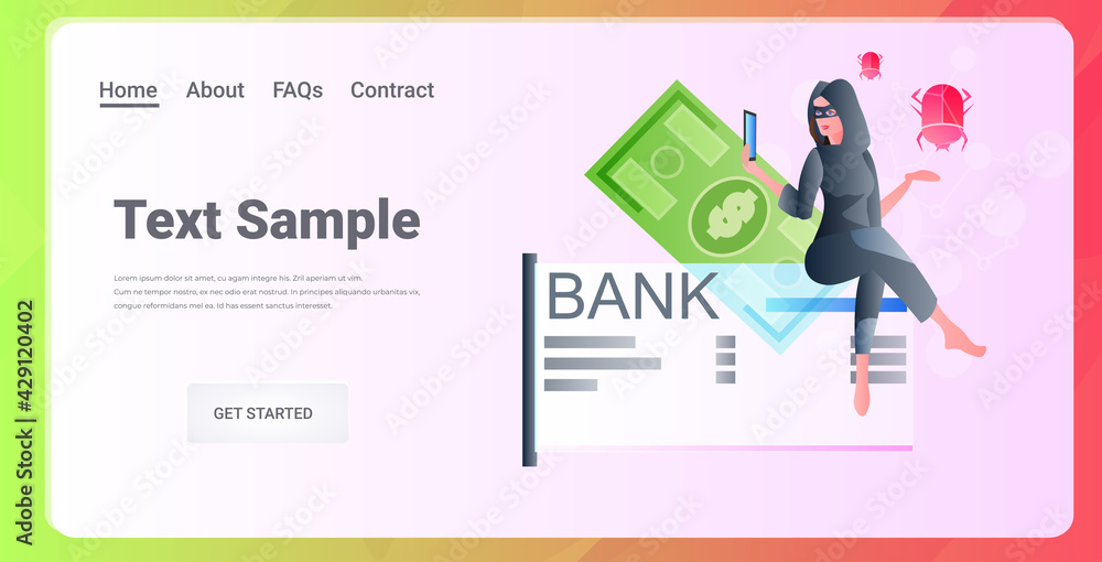 Poster hacker breaking online banking app robber stealing money internet mobile wallet under attack bad pro