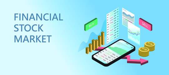 3d illustration. flat style web banner on mobile stock trading concept, online trading, market analysis, business and investment
