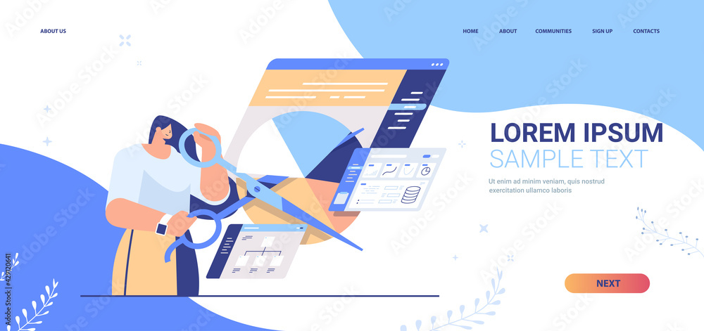 Poster businesswoman with scissors creating visual graphs business charts financial statistics data analyzi