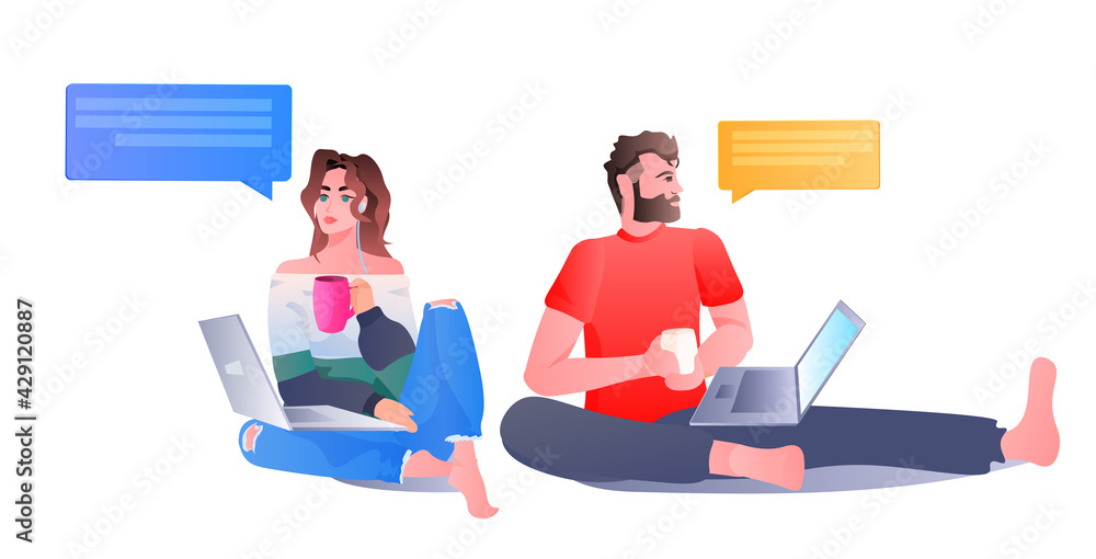 Poster people chatting in computer app on laptops chat bubble communication concept