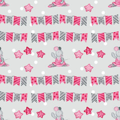 watercolor seamless pattern with Cute cartoon mouse and stars.