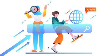 businesspeople looking through magnifying glass search or research development web surfing concept