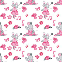 watercolor seamless pattern with Cute cartoon mouse and stars.