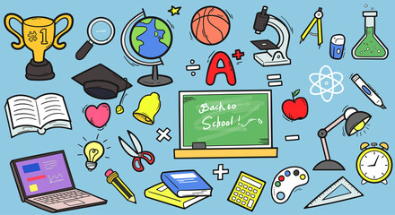 Back to school hand drawn doodles. School related doodle set. Colored doodle