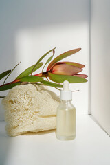 Serum and natural loofah sponge on a light background.