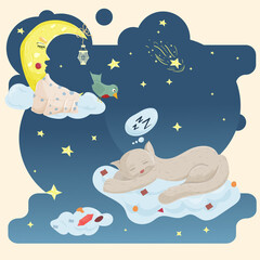 Illustration sticker in childrens flat style cartoon for childrens bedroom design decoration little kitten sleeping on a cloud on the background of the moon and starry sky