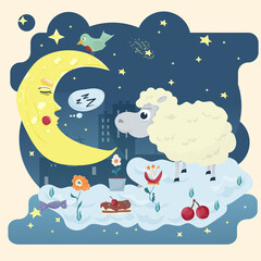Illustration sticker in childrens flat style cartoon for childrens bedroom design decoration little Lamb stands on a cloud next to the moon on the background of the starry sky and the city