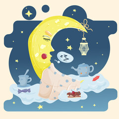 Illustration sticker in childrens flat style cartoon for decoration design of childrens bedroom The moon sleeps under a blanket on clouds on the background of the starry sky