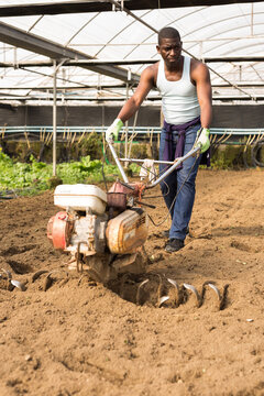 African American Man Plowing Ground With Cultivator At Greenhouse