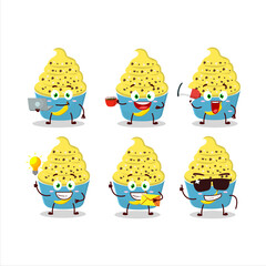 Ice cream banana cup cartoon character with various types of business emoticons