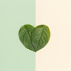 Sign as green heart shaped leaf Love nature concept. Theme of ecology, environment, natural and healthy life.