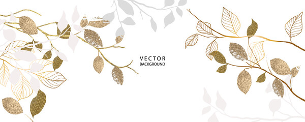 minimal background in golden metallic texture flowers and tropical summer leaf - 429126043