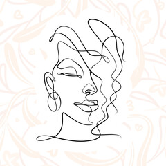 International Women's Day minimal design line drawing style. Portrait of young woman beauty face isolated on pastel leaf background. Vector for Spa, fashion, hairdressing and beautiful artwork design.