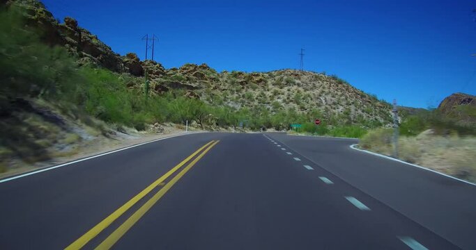 Driving Straight In To Various Curves And View Of Canyon Lake Arizona On Apache Trail Road Passing 7 Vehicles Coming From Opposite Direction Toward Apache Junction