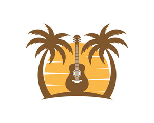 Guitar between the palm tree in the sunset beach