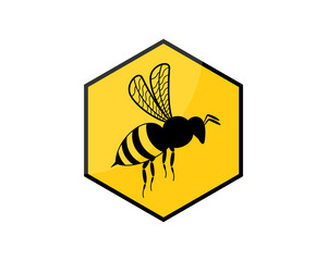 Flying bee in the yellow hexagon background
