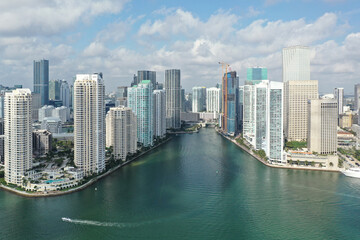 Aerial view of entrance to Miami River and surrounding buildings in Miami.
