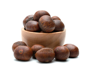 peeled roasted chestnut in wooden bowl isolated on white background