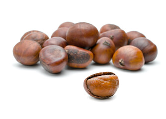peeled roasted chestnut isolated on white background