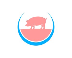 Circular swoosh with pink pig in the field inside