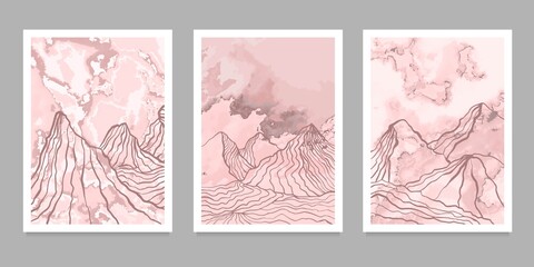 set of creative minimalist hand painted illustrations of Mid century modern. Abstract mountain contemporary aesthetic liquid marble canvas painting background