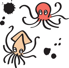 タコとイカと墨の飛沫のラフなイラスト