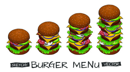 big burger, hamburger hand drawn vector illustration free hand sketch style