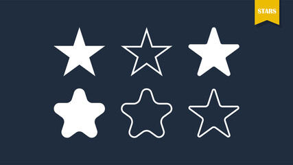 Set of stars icons. Collection of white various shapes symbols isolated on dark background. Magic particle vivid for decorative for festive. Fantasy elements. Vector illustration.