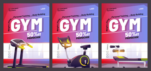 Gym cartoon poster with treadmill. Promotional flyer with promocode for weight lifting, body building or personal training. Special offer for sports activity and healthy lifestyle, Vector illustration