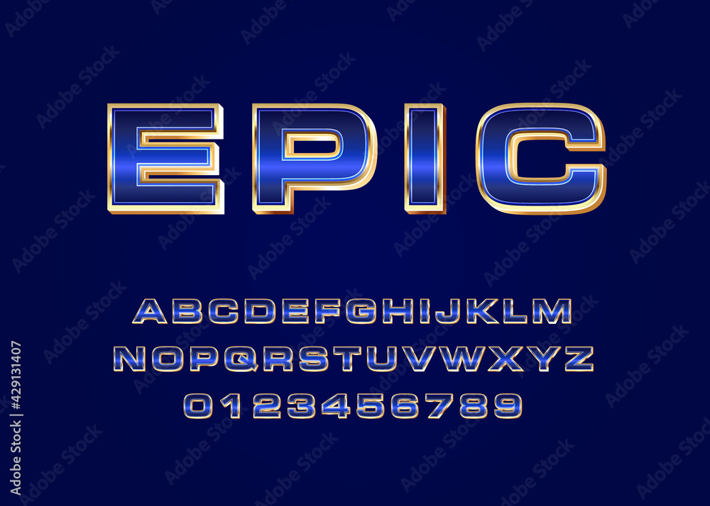 Poster shiny blue gold metallic style font effect template. set of alphabet and number with metallic look f