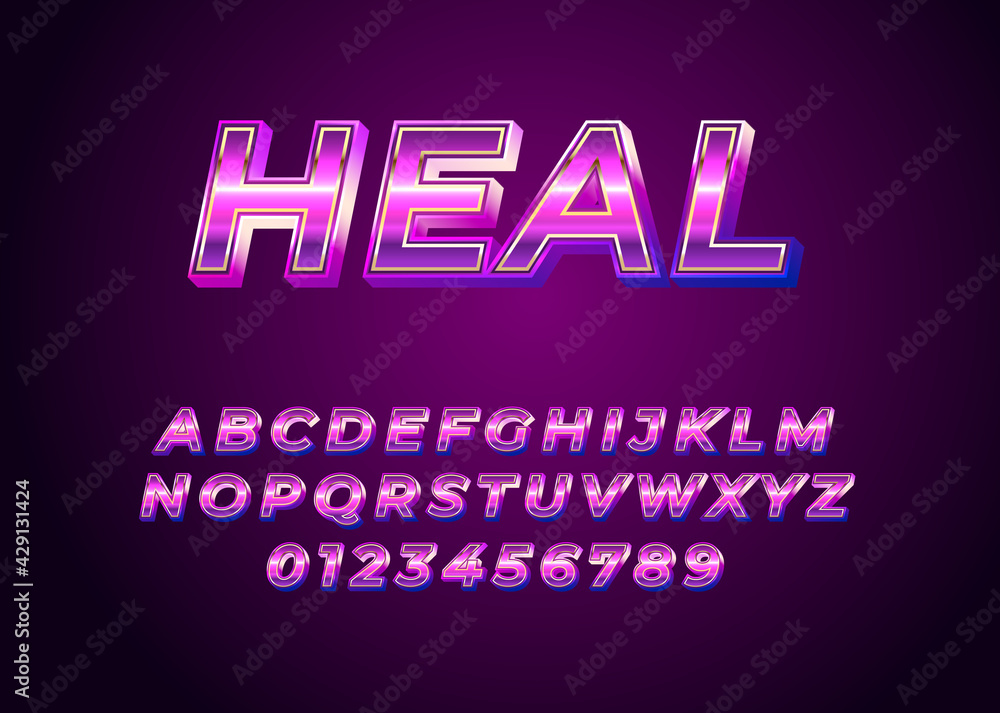 Poster shiny violet metallic style font effect template. set of alphabet and number with metallic look for 