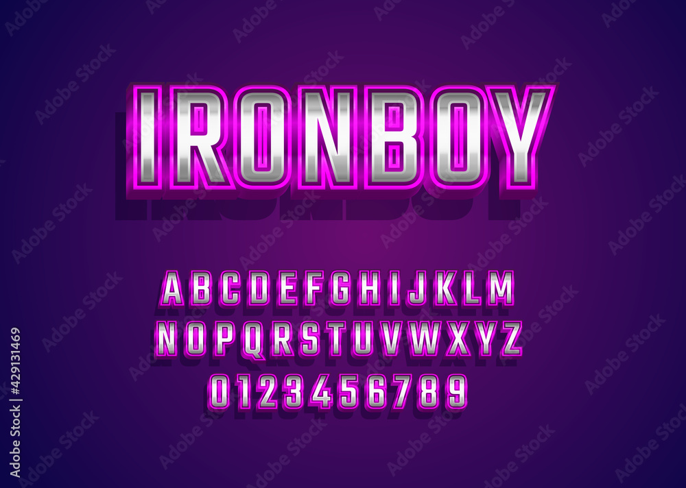 Aufkleber retro metallic 80s font style. vector alphabet with silver purple chrome effect template for game ti