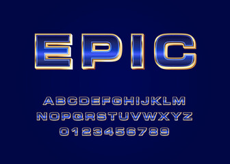 Shiny blue gold metallic style font effect template. Set of alphabet and number with metallic look for movie poster, game title