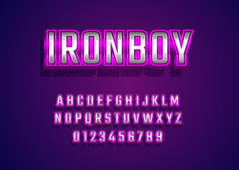 Retro metallic 80s font style. Vector alphabet with silver purple chrome effect template for game title, poster headline, old style