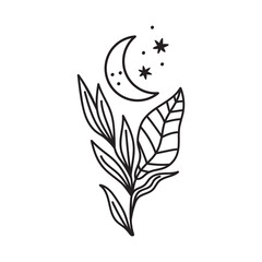 Moon phase hand drawn vector illustration isolated on white background. Boho line art clipart. Moon child print with leafs, stars, moon
