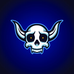 Blue Horned Skull Head Gaming Mascot Logo