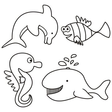 water animals, marine life, set, vector illustration, coloring book,
